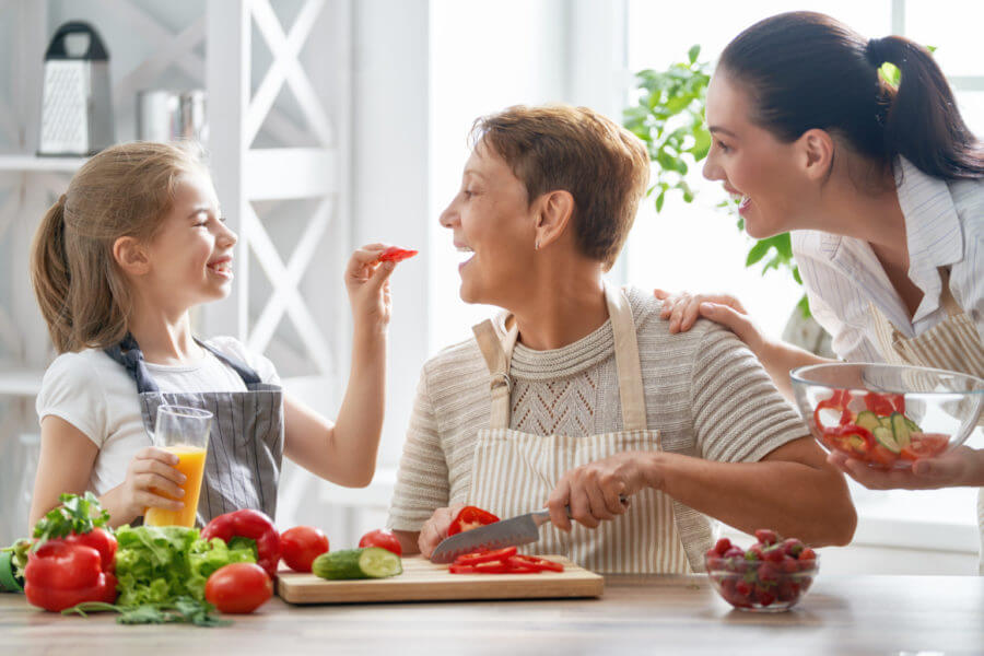 Family prepares health food for good digestive health.